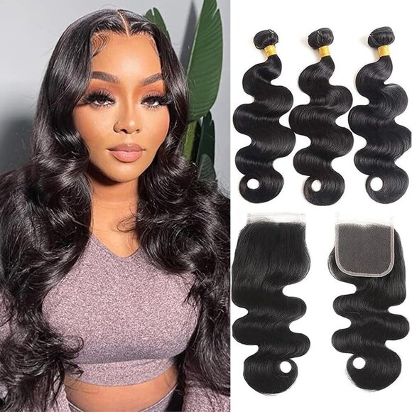 Human Hair Bundles with Closure Body Wave 3 Pack Natural Black 18-22 Inches